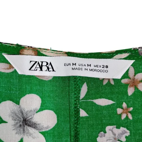 Zara Tiered Floral Green Dress Size Medium V Neck Short Sleeve Pullover - Picture 9 of 11